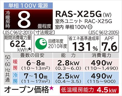 日立RAS-X25Gのスペック表